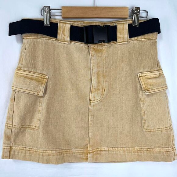 PACSUN Yellow Denim Cargo Mini Skirt Belt Pockets Womens 27 Grunge Y2K 2000s Alt - Picture 1 of 7
